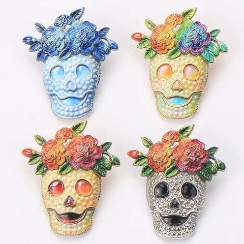 Spilla Teschio Horror di Halloween per Uomo Donna Corona di Fiori Gotica Spilla in Smalto Lega di Zinco Strass Distintivo per Gioielli da Festa
