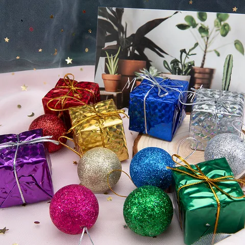 Adornos Colgantes para Árbol de Navidad Cajas de Regalo Láser Bolas de Espuma con Purpurina Suministros Decorativos