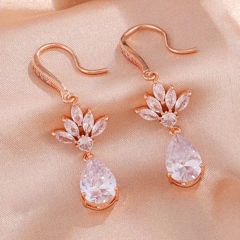 Prachtige Roségoud Waterdruppel Zirconia Hangende Oorbellen Voor Vrouwen Koper Ingelegde Cubic Zirconia Oorbellen Bruiloft Feest Sieraden Cadeau