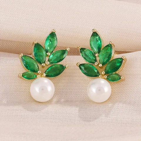 Luxe Koperen Zirconia Parel Oorknopjes Bladvorm Retro Vergulde Banket Oorbellen Voor Vrouwen Partij Mode Sieraden