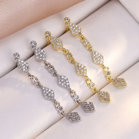 Luxe Ruitvormige Ketting Lange Hanger Oorbellen Ingelegd met Zirconia voor Vrouwen Koperen Geometrische Oorbellen Bruiloft Feest Sieraden Cadeau
