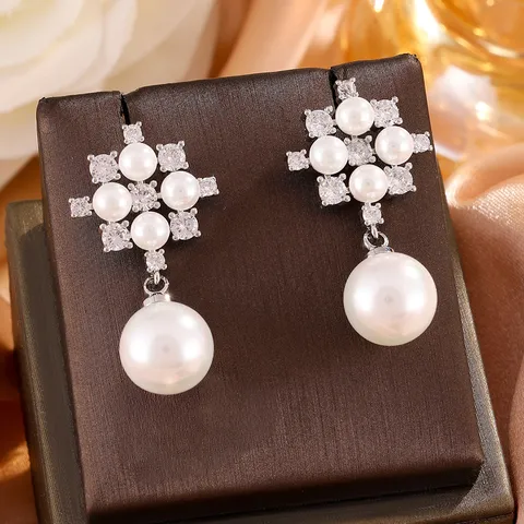 Elegante Koperen Kunstparel Hangende Oorbellen Geometrische Strass Vierkante Cluster Oorbellen Vintage Luxe Vrouwen Sieraden Banket Cadeau