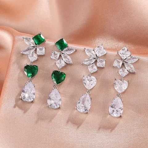 Exquise Smaragdgroene Zirconia Kwastje Oorbellen Voor Vrouwen Koper Verguld Bloem Hart Waterdruppel Lange Hangende Oorbellen Sieraden