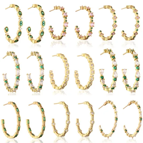 Rakol Luxe Koperen Smaragdgroene Zirconia C-Vormige Oorbellen Voor Vrouwen Goud Zilver Verguld Zirconia Ingelegde Oorknopjes Feest Sieraden Cadeau