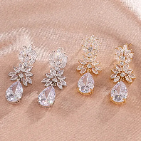 Koperen Strass Blad Bloem Waterdruppel Oorbellen Voor Vrouwen Elegante Geometrische Ingelegde Hanger Oorbellen Lichte Luxe Sieraden Accessoires