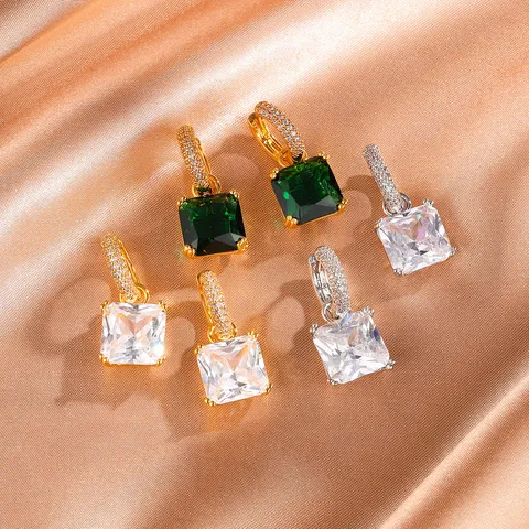 Vierkante Zirconia Koperen Oorbellen Luxe Smaragdgroen Geometrische Sieraden Voor Vrouwen Bruiloft Banket Elegante Accessoires