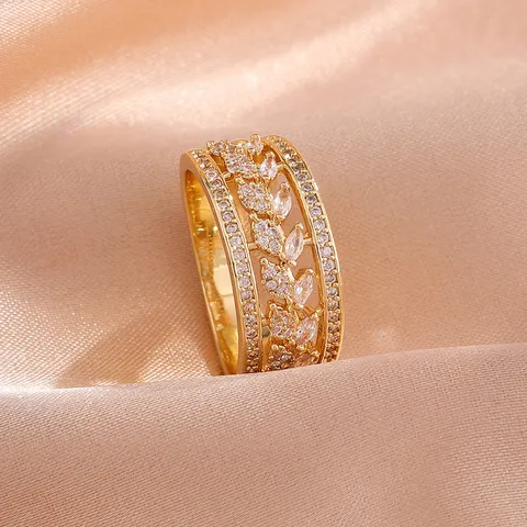 Luxe Koper Zirconia Drielaagse Brede Ring Tarwe Aar Hol Blad Ontwerp Pavé Zirconia Banket Vrouwen Sieraden