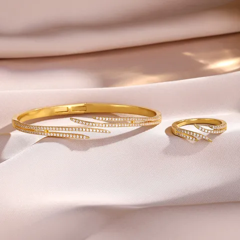 Luxe Koperen Strass Verstelbare Open Armband en Ring Sieradenset Voor Vrouwen Verguld Geometrische Party Accessoire