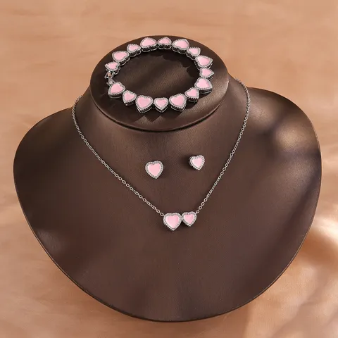 Luxe Koperen Roze Emaille Hart Strass Sieradenset Voor Vrouwen Romantische Hartvormige Ketting Oorbellen Ring Armband Sieraden Cadeau