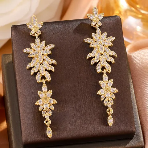 RAKOL Luxe Zirconia Kwastje Bloem Oorbellen Voor Vrouwen Koperen Bloemen Blad Hanger Oorbellen Bruiloft Avondfeest Sieraden