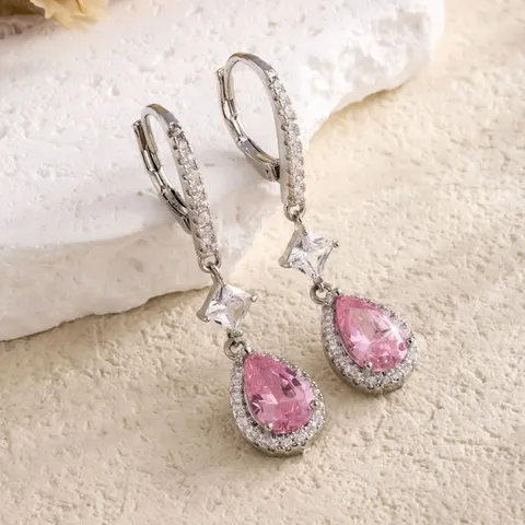 Lichte Luxe Roze Waterdruppel Zirconia Hangende Oorbellen Koper Elegant Bruid Bruiloft Sieraden Voor Vrouwen Blad Oorbellen