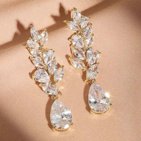 Luxe Vintage Koperen Zirconia Hangende Oorbellen Voor Vrouwen Elegante Marquise Waterdruppel Ingelegde Bruiloft Bruids Oorbellen Sieraden