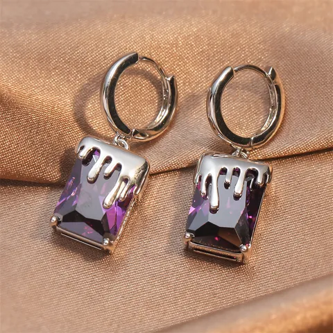 Zoet Cool Paars Zirconia Hart Oorbellen Voor Vrouwen Gesmolten Lava Druppel Olie Vierkante Edelsteen Oorbellen Klein Ontwerp Sieraden