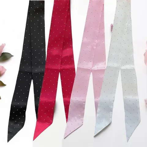 Dames Mode Satijn Lint Haarband Lange Strip Zijden Sjaal Effen Kleur Strass Decor Handtas Handvat Sjaal