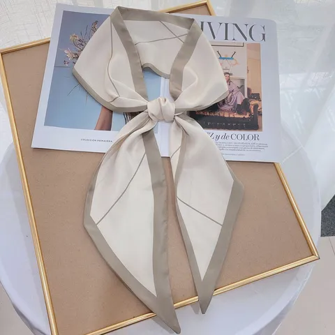 Dames Mode Satijn Sjaal Veelzijdige Dubbellaagse Bedrukte Geometrische Diagonale Halsdoek Elegante Haarband Tas Lint
