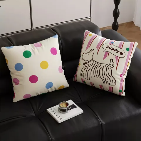 Funda de Cojín Decorativa Estampada de Cachorro con Lunares Estilo Coreano Linda Funda de Almohada de Dibujos Animados para Sofá Decoración del Hogar