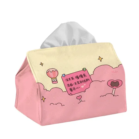 Cotton Linen Tissue Box Holder Cute Cartoon Print Pink Tabletop Napkin Storage Box Modern Minimalist Home Decor