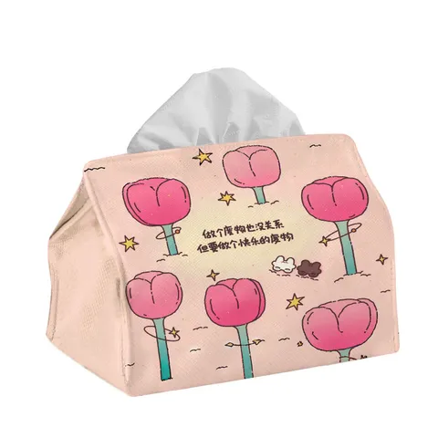 Cotton Linen Tissue Box Holder Cute Cartoon Print Pink Tabletop Napkin Storage Box Modern Minimalist Home Decor