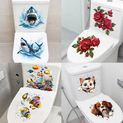 Waterproof PVC Self Adhesive Toilet Stickers Removable Wall Decals Flower Bird Undersea World Animal 3D Visual Decorative Stickers For Bathroom Home Decor