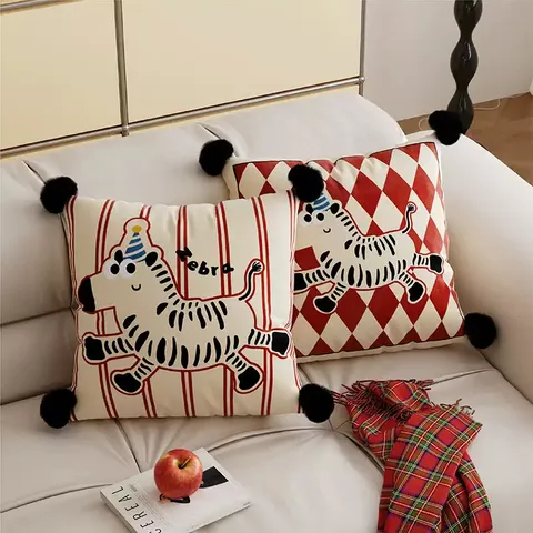 Festive Red Zebra Cartoon Print Plush Pillow Cover Decorative Square Throw Pillow Case With Black Pom-Pom Trims For Sofa Bed
