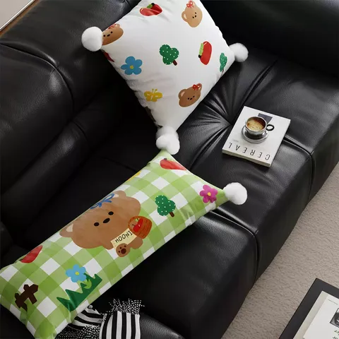 Korean Style Cartoon Dopamine Throw Pillow Cover Cute Bear Pattern Decorative Cushion Case With White Pom-Poms For Sofa Bed