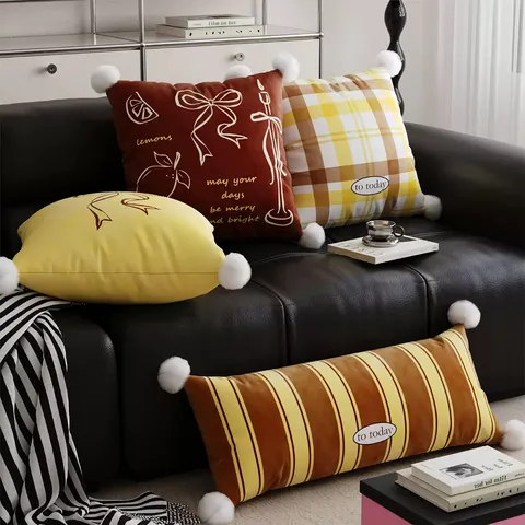 French Retro Style Throw Pillow Cover Decorative Cushion Case With White Pompoms For Living Room Sofa Bed Car Home Decor