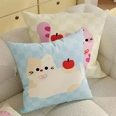 Cream Style Cute Cat Print Plush Throw Pillow Cover Soft Cartoon Animal Sofa Cushion