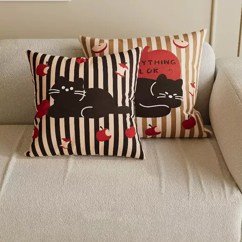 Retro Striped Cat Throw Pillow Cute Cartoon Black Cat Red Apple Printed Cushion Cover Living Room Sofa Decor