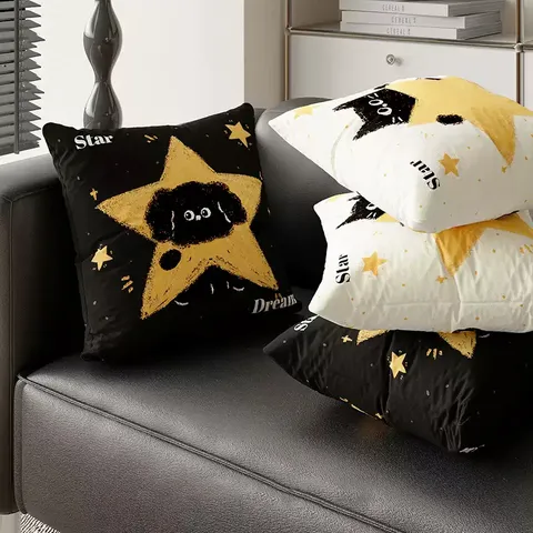 Funda de Cojín Decorativa de Gato Perro Negro de Dibujos Animados Lindo Patrón de Estrellas Cuadrada para Sofá de Sala Decoración de Dormitorio