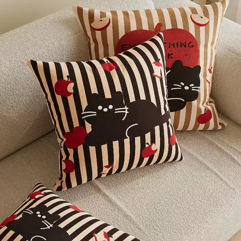 Retro Striped Cat Throw Pillow Cute Cartoon Black Cat Red Apple Printed Cushion Cover Living Room Sofa Decor