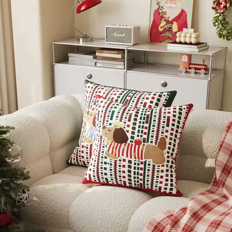 Cute Dachshund Throw Pillow Cover Retro Plaid Decorative Pillowcase Removable Plush Cushion Case For Sofa Home Decor