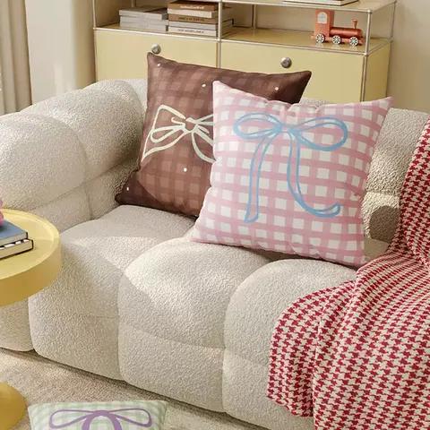 Korean Style Cream Plaid Throw Pillow Cover Cute Bowknot Cushion Case Soft Plush Pillowcase For Living Room Sofa Bed
