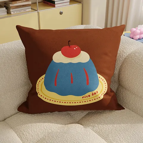 Cartoon Korean Style Cute Cherry Pudding Print Plush Throw Pillow Cover Soft Decorative Bed Sofa Cushion