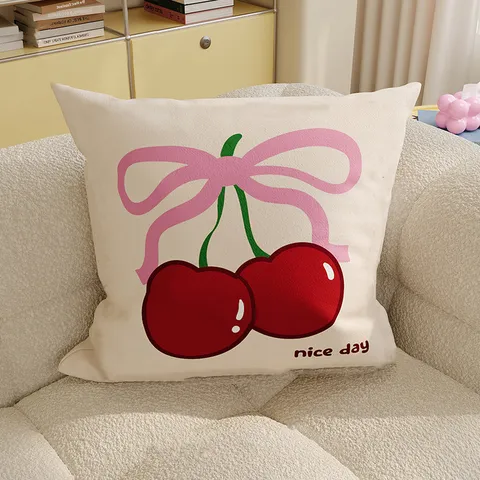 Cartoon Korean Style Cute Cherry Pudding Print Plush Throw Pillow Cover Soft Decorative Bed Sofa Cushion