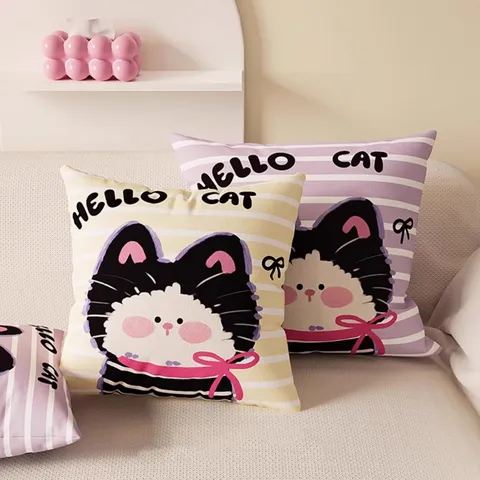 Cute Cartoon Striped Cat Print Plush Throw Pillow Cover Cute Decorative Pillow For Living Room Sofa Bedroom Bedside