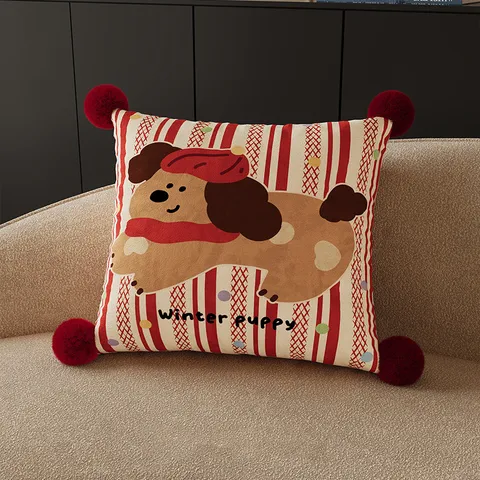 Cartoon Puppy Print Decoratieve Kussenhoes Rood Gestreepte Kussenhoes Met Pompons Schattig Huis Bank Woonkamer Decor Kussen