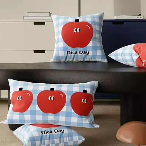Korean Style Plaid Apple Throw Pillow Cute Cartoon Decorative Cushion For Living Room Sofa Bedroom Bedside Chair