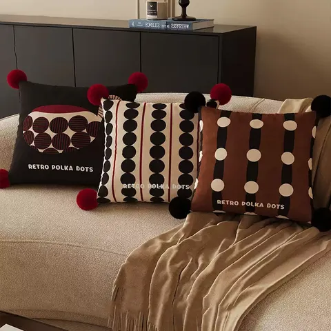 Retro Polka Dot Striped Throw Pillow Cover Decorative Square Cushion Case With Pom-Poms For Sofa Bed Living Room