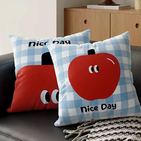 Korean Style Plaid Apple Throw Pillow Cute Cartoon Decorative Cushion For Living Room Sofa Bedroom Bedside Chair
