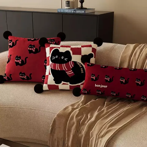 Federa per Cuscino Gatto Cartone Animato Nuovo Anno Rosso Carino Animale Peluche Divano Fodera per Cuscino Quadrata e Rettangolare