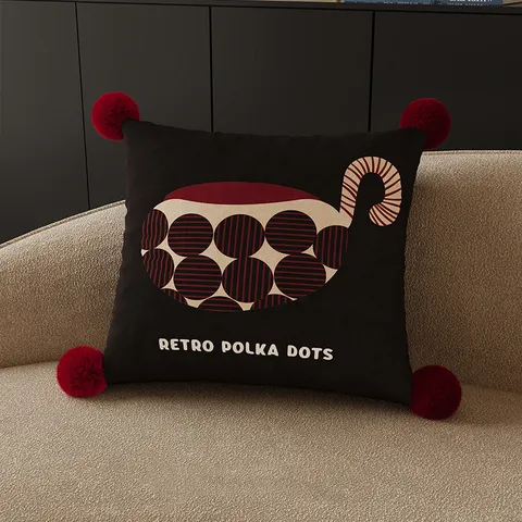 Retro Polka Dot Striped Throw Pillow Cover Decorative Square Cushion Case With Pom-Poms For Sofa Bed Living Room