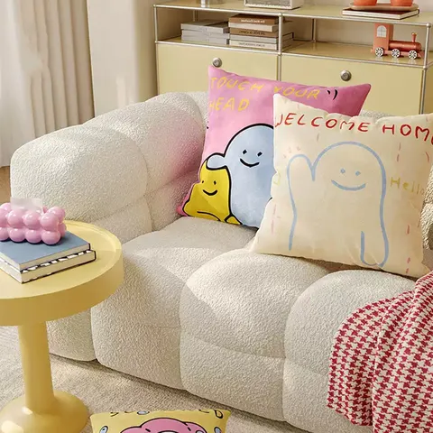 Fodera per Cuscino in Peluche con Cartone Animato Stile Ins Stampa di Lettere per Soggiorno Camera da Letto Divano Decorazioni