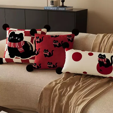 Federa per Cuscino Gatto Cartone Animato Nuovo Anno Rosso Carino Animale Peluche Divano Fodera per Cuscino Quadrata e Rettangolare