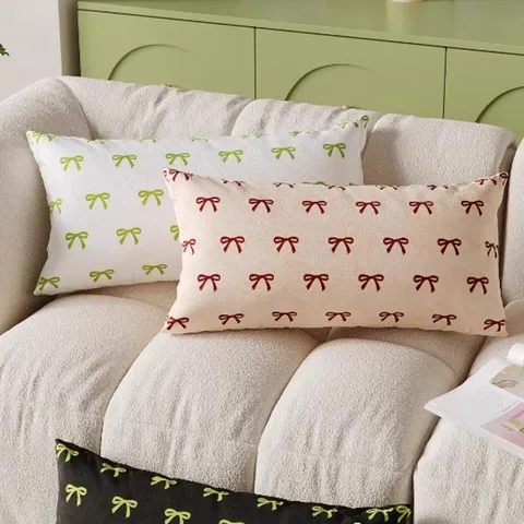 Retro Plaid Bowknot Throw Pillow Cover Living Room Sofa Decorative Rectangular Plush Printed Cushion Case