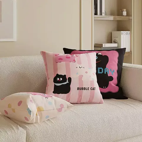 Cute Cartoon Cat Print Throw Pillow Cover Soft Plush Square Cushion Case For Living Room Bedroom Sofa Home Decor