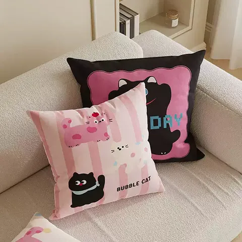 Cute Cartoon Cat Print Throw Pillow Cover Soft Plush Square Cushion Case For Living Room Bedroom Sofa Home Decor