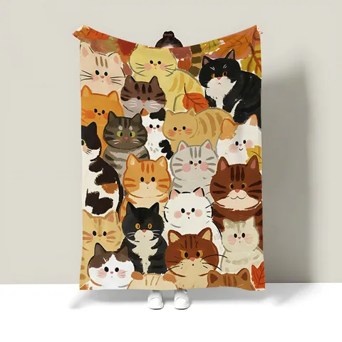 Cute Cartoon Cats Flannel Blanket Abstract Oil Painting Soft Throw Blanket For Dormitory Bed Sofa Air Conditioning