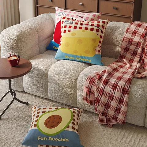 Ins Cute Fruit Cheese Avocado Tomato Pattern Plush Throw Pillowcase Soft Decorative Cushion Cover For Sofa Bed Living Room