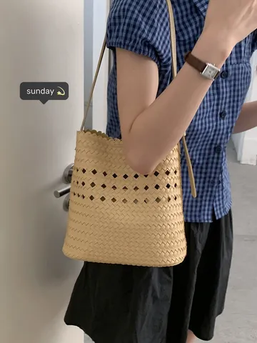 Bolso Balde Tejido de Moda para Mujer de Cuir PU Calado Casual Bolso de Hombro Cruzado de Verano Elegante Bolso de Mano