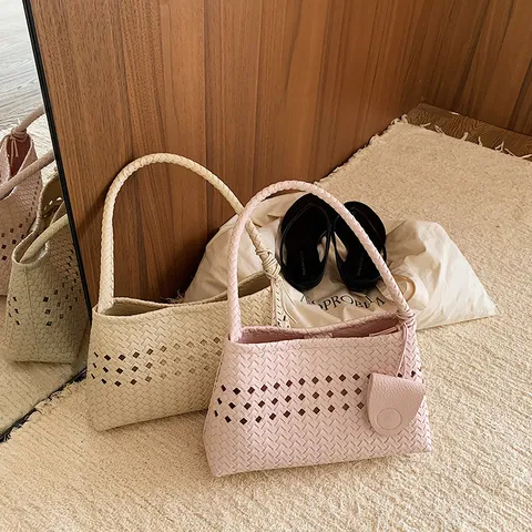 Bolso de Hombro Tejido para Mujer Bolso de Mano de Cuero PU Moda Casual Comute Tote Bolsa Con Monedero
